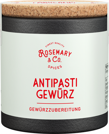 Dose mit weißem Etikett, Aufschrift Antipasti Gewürze von Rosemary & Co. Gewürze, Korkdeckelall3