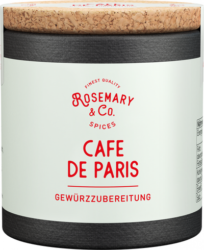 Dose mit Aufschrift Feinsten by Rosemary & Co Gewürze auf cremefarbenem Banner, umgeben von Lebensmitteln3