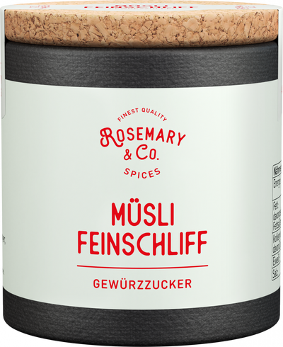 Dose mit Aufschrift Feinsten by Rosemary & Co Gewürze auf cremefarbenem Banner, umgeben von Lebensmitteln5