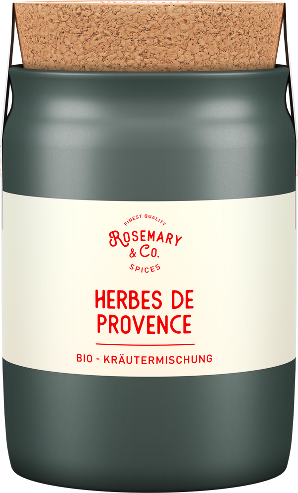 Grüne Keramikdose mit Aufschrift Bio Herbes de Provence von Rosemary & Co Gewürze, Korkdeckel