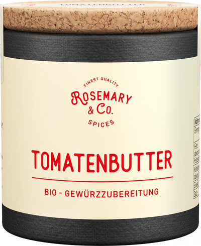 Zwei Pizzen, Wasser in Dosen, Dose mit Aufschrift Rosemary & Co. Gewürze Bio Bestseller auf dem Tisch2