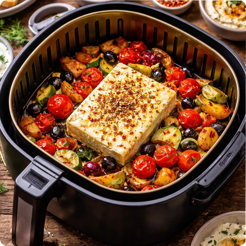 Goldener Air Fryer Feta mit mediterranem Röstgemüse