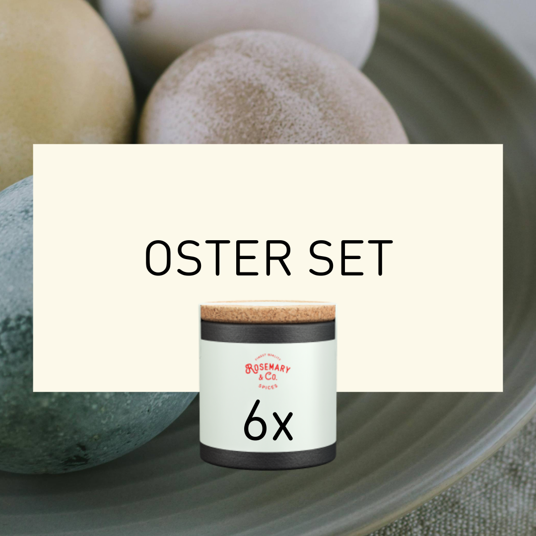 Ein Bild mit der Aufschrift "Oster Set" über einer Dose mit Etikett "Rosemary & Co Spices 6x" und einem Teller voller Eier.