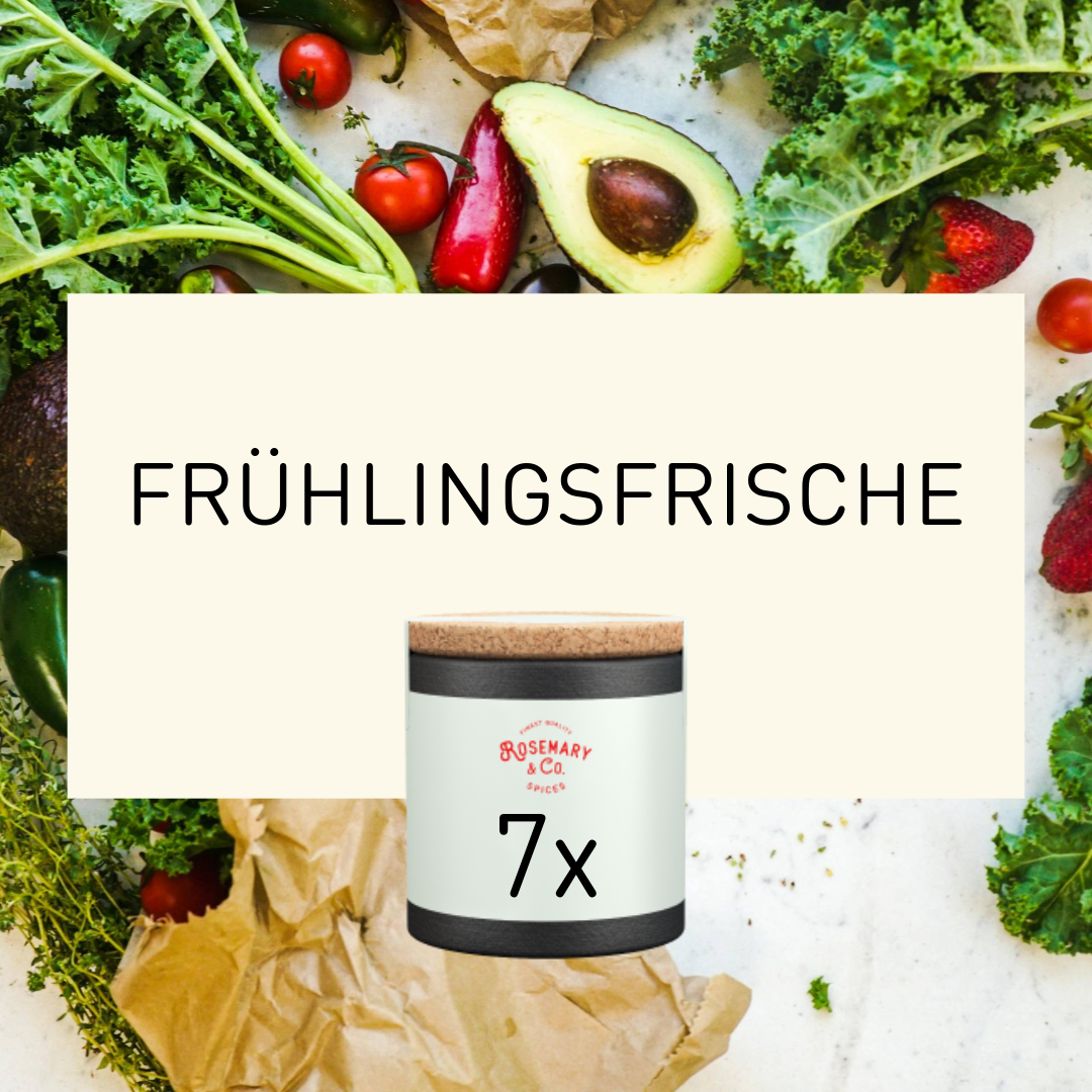 Dosis Rosemary & Co. Gewürze Frühlings Frische 7x umgeben von Gemüse und Schriftzug FRÜHLINGSFRISCHE