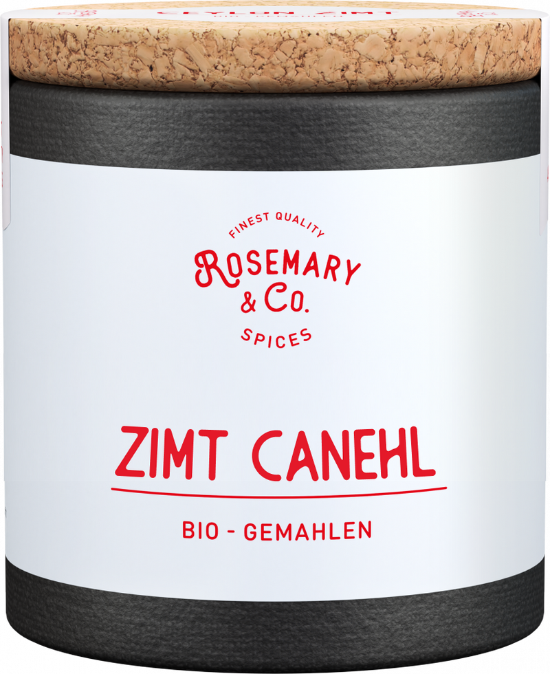 Dose Bio Zimt Canehl von Rosemary & Co Gewürze mit Korkdeckel und weißem Etikett1