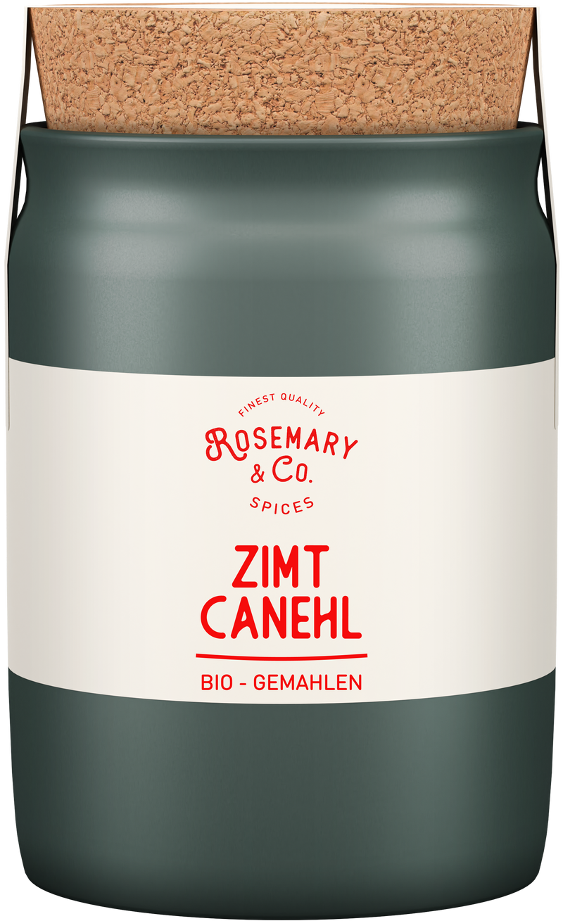 Dunkelgrüne Dose Bio Zimt Canehl von Rosemary & Co Gewürze mit Korkdeckel1