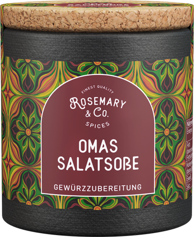 Schwarze Dose mit Korkdeckel, Aufschrift Rosemary & Co. Gewürze Omas Salatsoße, bunt gemustert