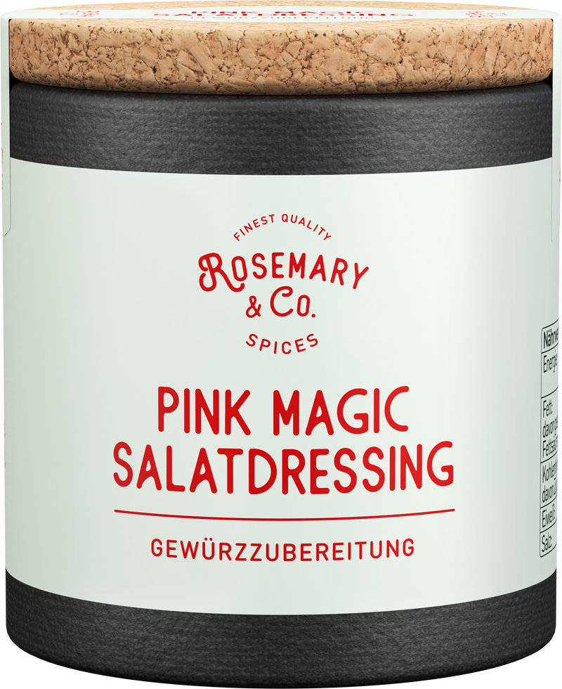 Dose Rosemary & Co. Pink Magic Salatdressing mit Korkdeckel, weiß-schwarze Verpackung1