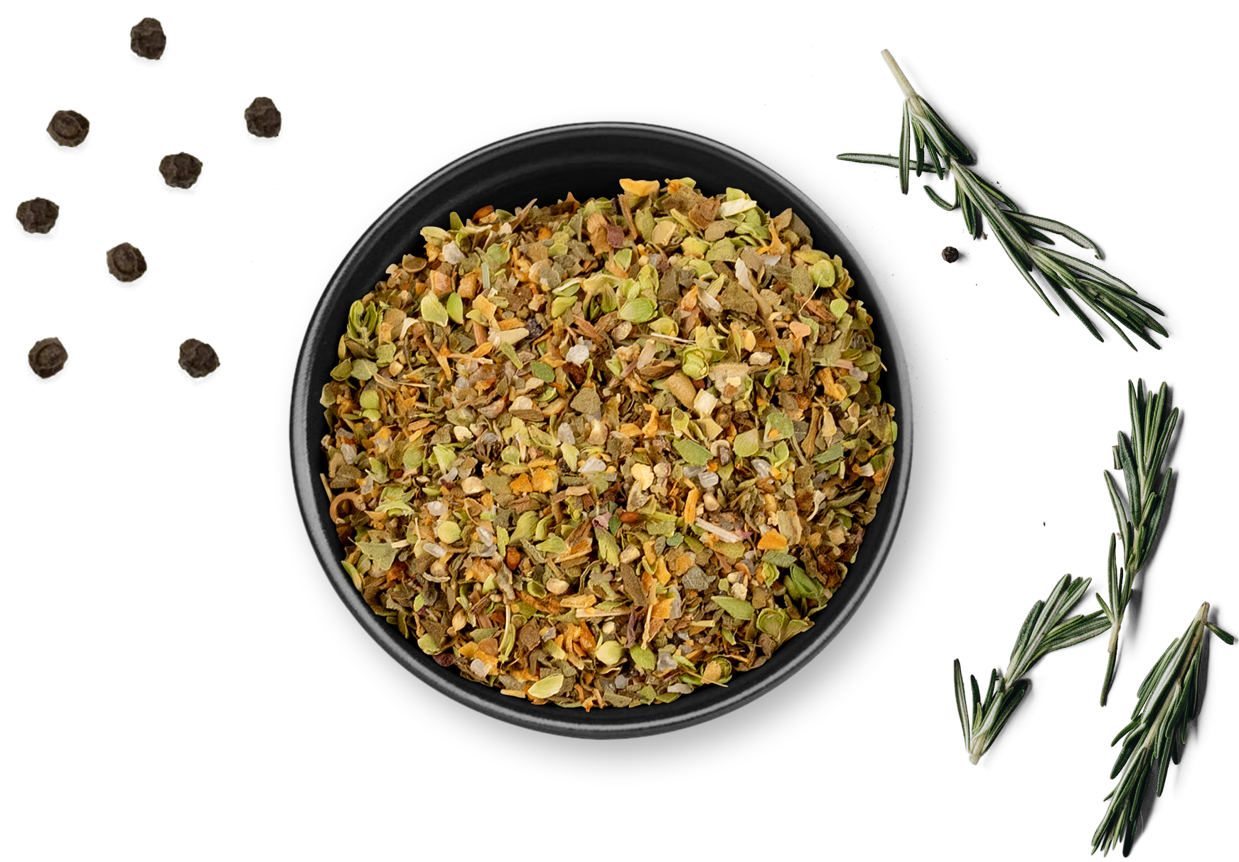 Schwarze Schale mit Antipasti Gewürzen von Rosemary & Co, daneben Rosmarin, Knoblauch und Pfefferkörner, Dosis sichtbar