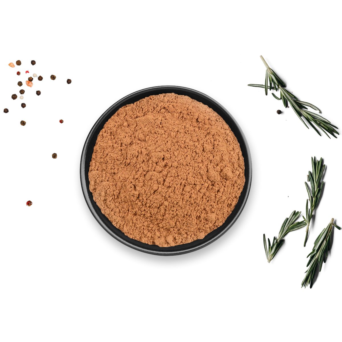 Schwarze Schale mit Bio Cassia Zimt Dose von Rosemary & Co Gewürze, Rosmarinzweige, verstreute Pfefferkörner