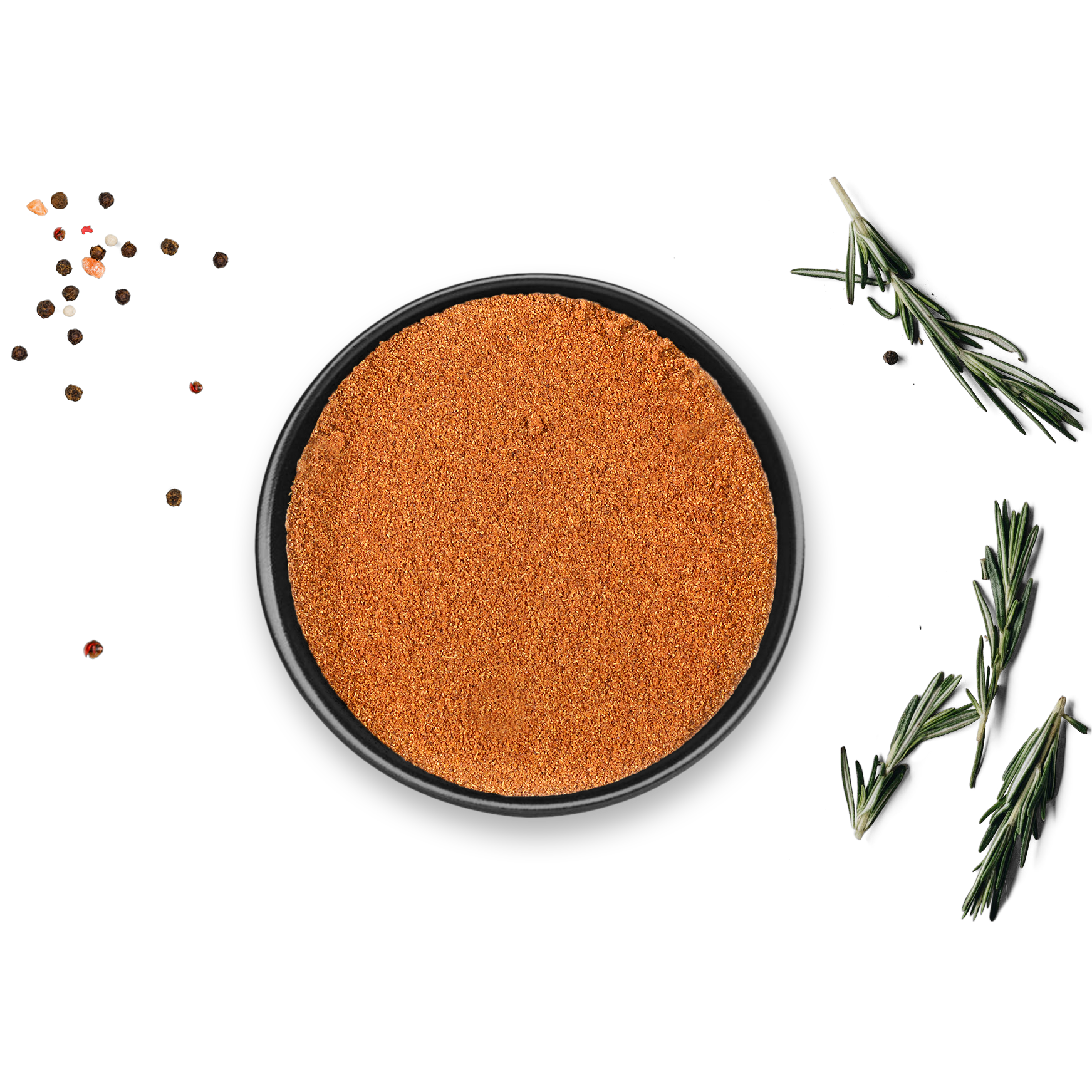 Dose Bio Cayennepfeffer von Rosemary & Co mit Gewürzen, Rosmarinzweigen und Pfefferkörnern auf weißem Hintergrund