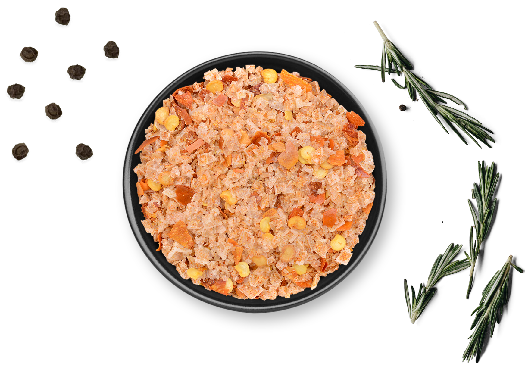 Dose Fleur de Sel Pikant Bio von Rosemary & Co mit Pfefferkörnern, Knoblauch und Rosmarin auf weißer Fläche