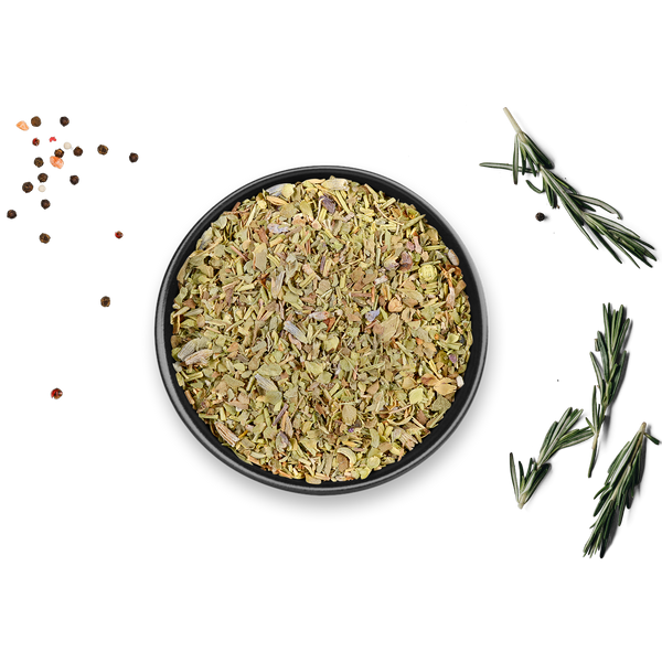 Schwarze Dose Bio Herbes de Provence von Rosemary & Co Gewürze neben Rosmarin und Pfefferkörnern