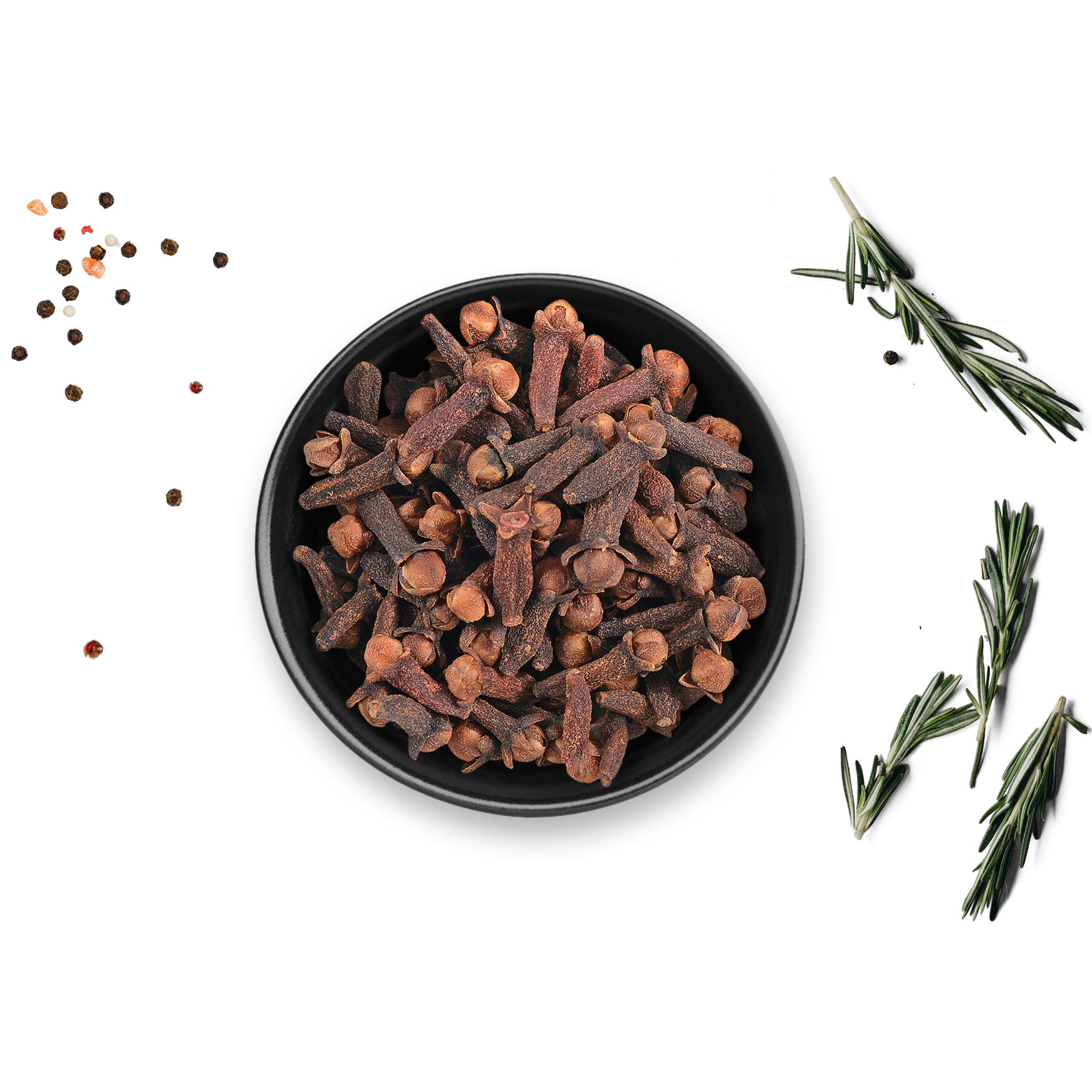Schwarze Dose Bio Nelken von Rosemary & Co mit Rosmarinzweigen und verstreuten Pfefferkörnern