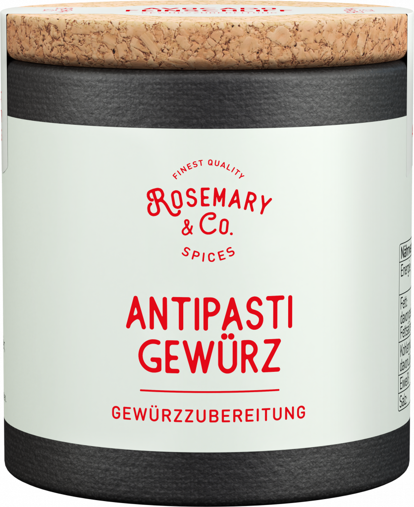 Dose mit weißem Etikett, Aufschrift Antipasti Gewürze von Rosemary & Co. Gewürze, Korkdeckel