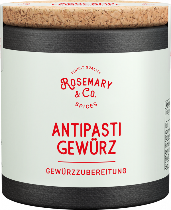Dose mit Korkdeckel, weißes Etikett und roter Schrift, Aufschrift Antipasti Gewürze von Rosemary & Co