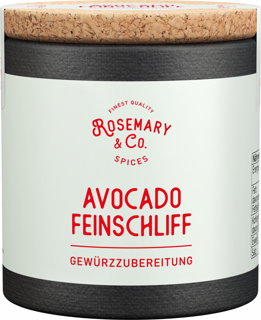 Dosis mit Aufschrift Rosemary & Co. Gewürze Avocado Feinschliff und Korkdeckel