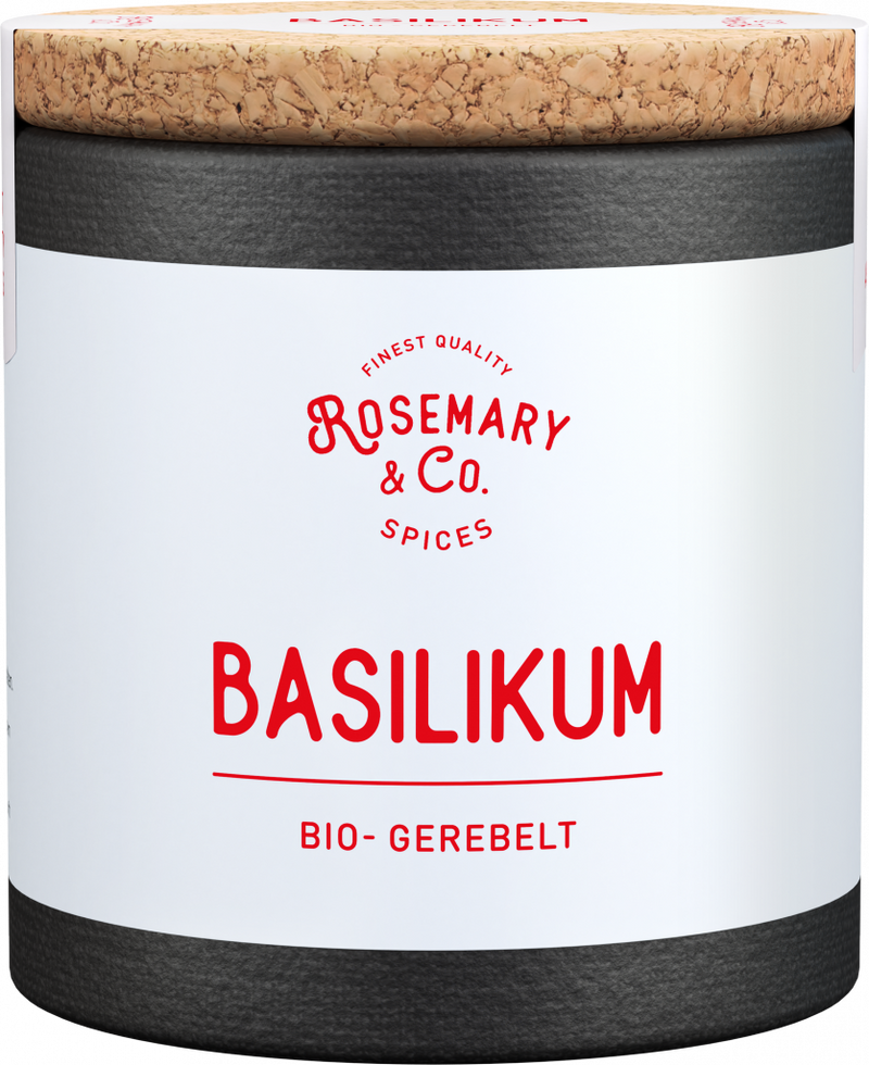 Dose mit weißem Etikett Bio Basilikum von Rosemary & Co. Gewürze, Korkdeckel1