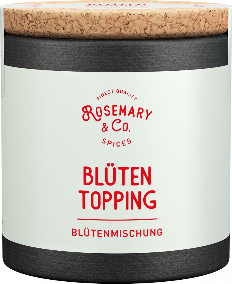 Dose mit Korkdeckel, Aufschrift Rosemary & Co. Gewürze Blüten Topping1