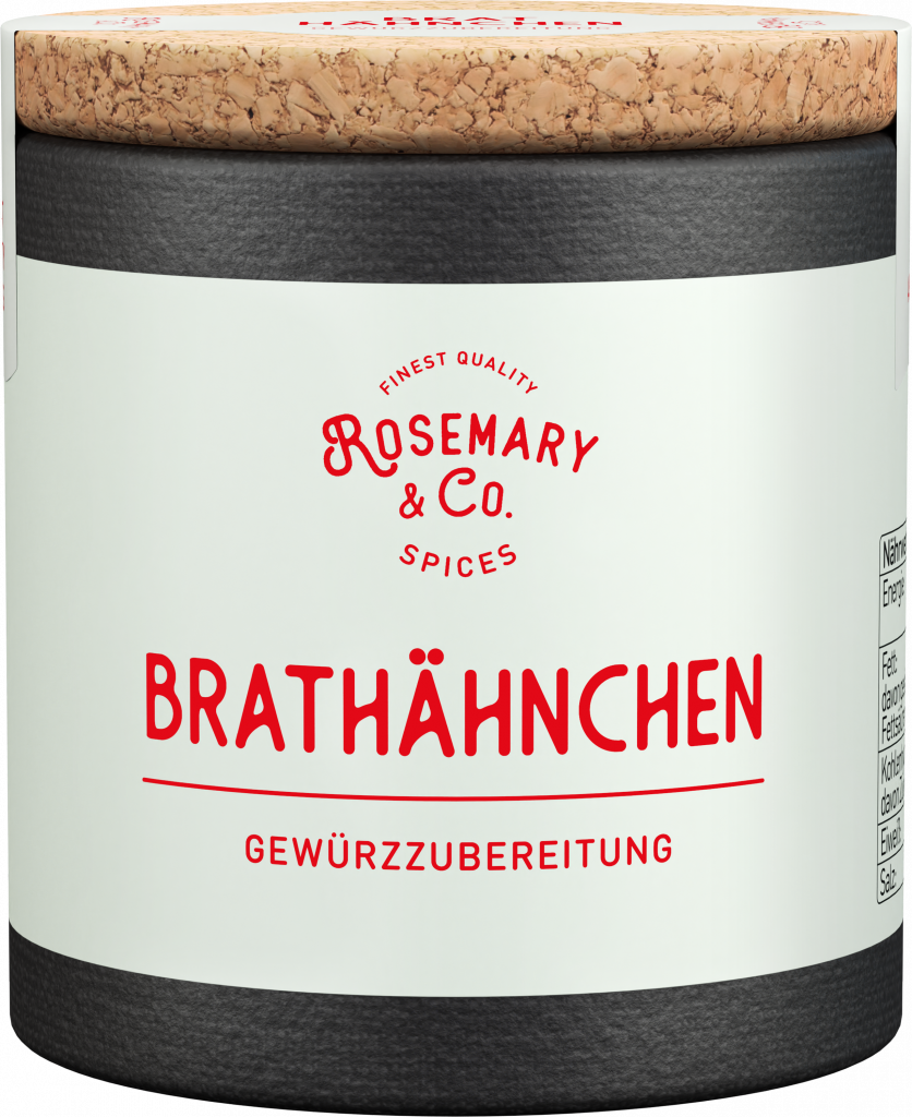 Zylindrische Dose von Rosemary & Co. Gewürze für Brathähnchen mit Korkdeckel und schlichtem Design