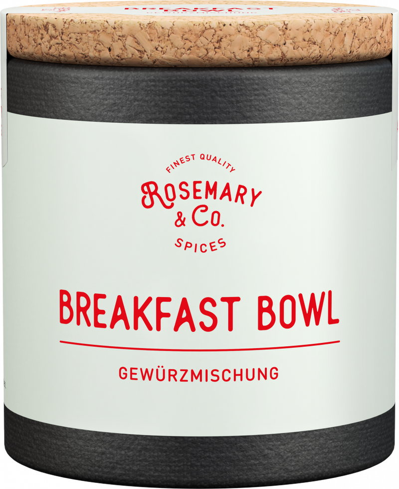 Dose mit Korkdeckel, weißem Etikett, Aufschrift Rosemary & Co. Gewürze Breakfast Bowl1