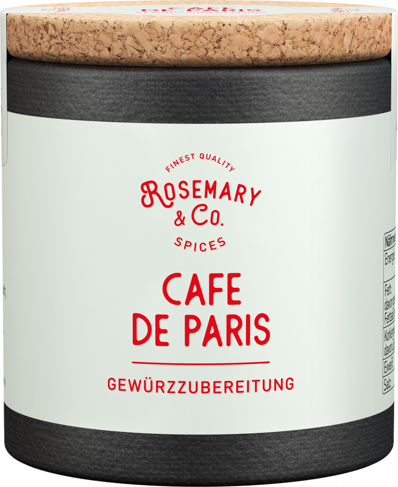 Schwarze und weiße Dose Rosemary & Co. Gewürze Cafe de Paris mit Korkdeckel1