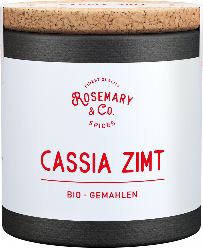 Dose mit Korkdeckel, Aufschrift Bio Cassia Zimt von Rosemary & Co, gemahlener Zimt1