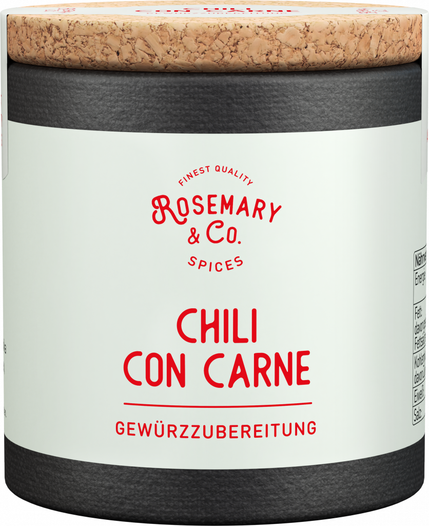 Dose mit Aufschrift Rosemary & Co. Gewürze Chili con Carne, Korkdeckel