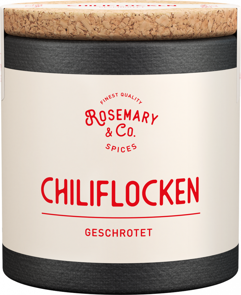 Dose mit Aufschrift Chiliflocken, Korkdeckel, Markenname Rosemary & Co. Gewürze1