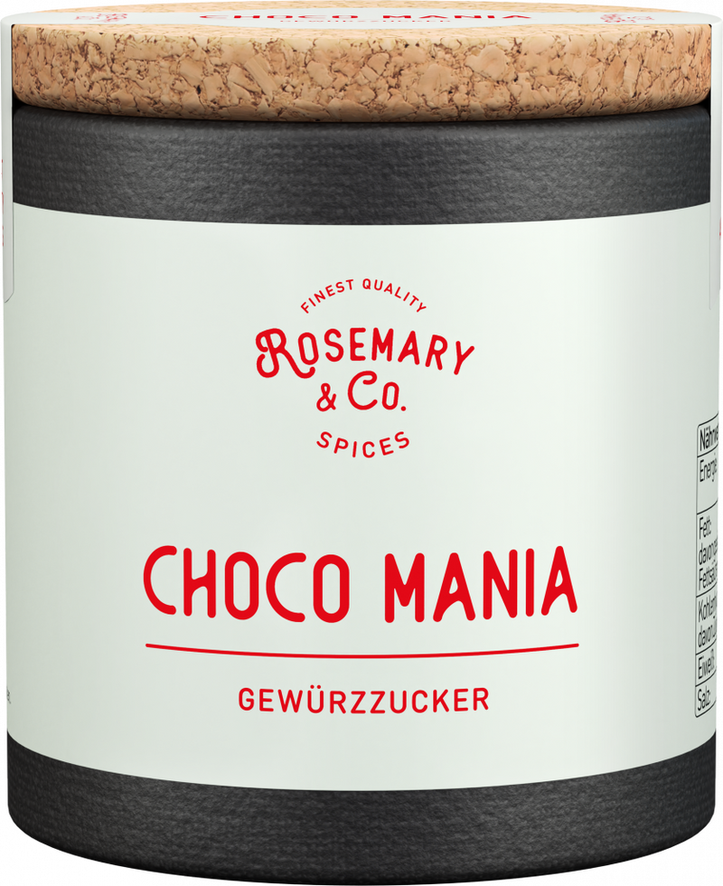 Zylindrische Dose mit Aufschrift CHOCO MANIA von Rosemary & Co. Gewürze und Korkdeckel1