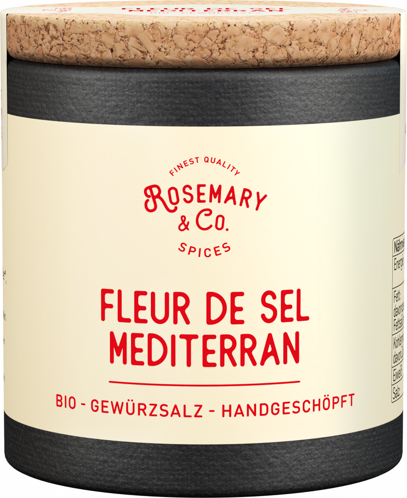 Dose mit Korkdeckel, Aufschrift Fleur de Sel Mediterran Bio, Rosemary & Co. Gewürze, schwarz-beige