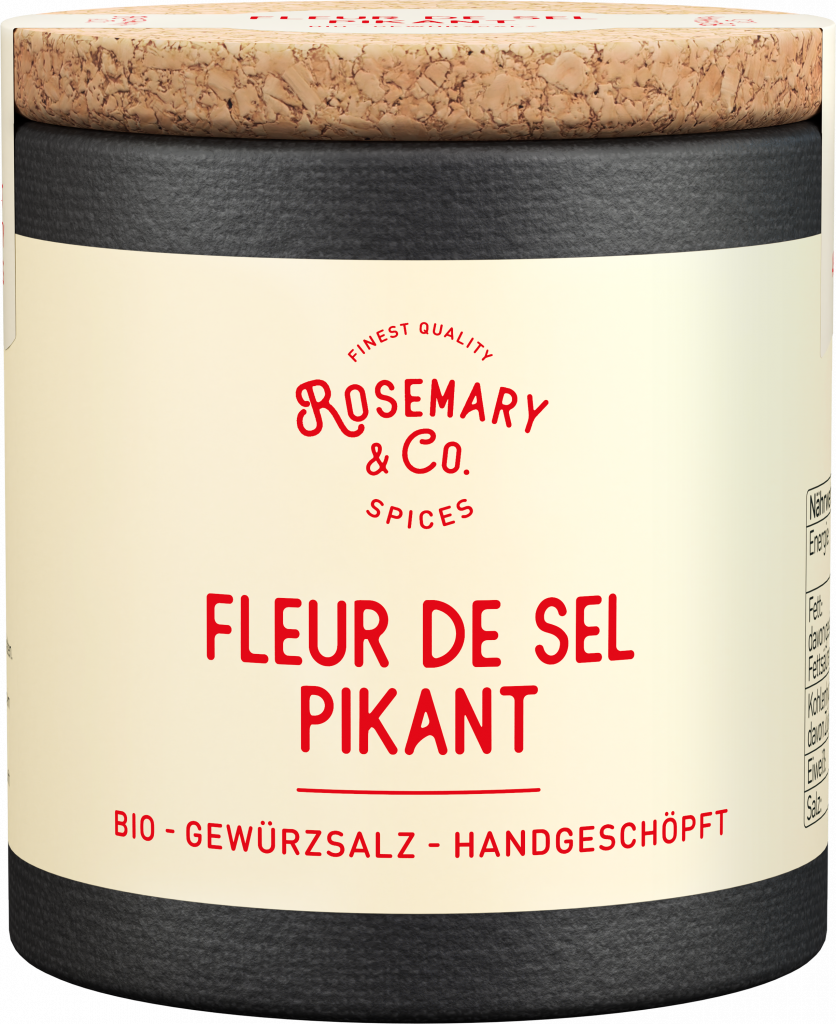Dosis Rosemary & Co. Fleur de Sel Pikant Bio Gewürz mit Korkdeckel und cremefarbenem Etikett