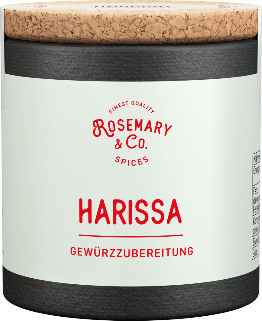 Schwarze und weiße Dose Rosemary & Co. Gewürze Harissa mit Korkdeckel