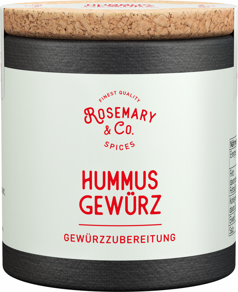 Dose mit Korkdeckel und weißem Etikett, Aufschrift Rosemary & Co. Gewürze Hummus Gewürze