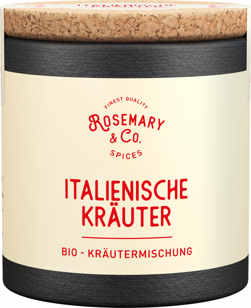 Dose Italienische Kräuter Bio von Rosemary & Co Gewürze mit Korkdeckel und cremefarbenem Etikett1