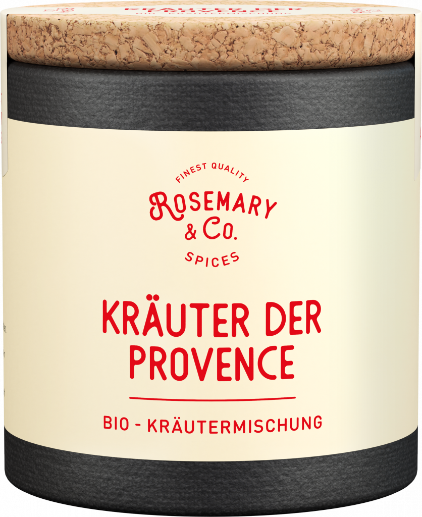Dose Kräuter der Provence Bio von Rosemary & Co mit Korkdeckel, cremefarbenem Etikett, roter und schwarzer Schrift