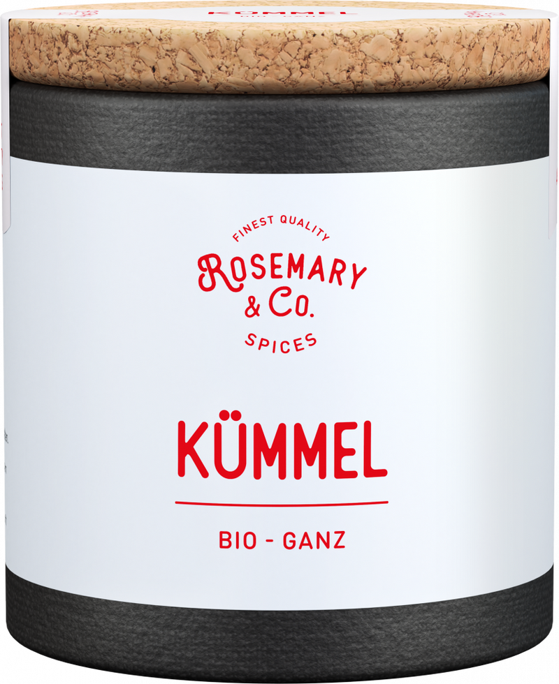 Dose Rosemary & Co. Gewürze Bio Kümmel mit Korkdeckel, weiß-schwarzes Design1