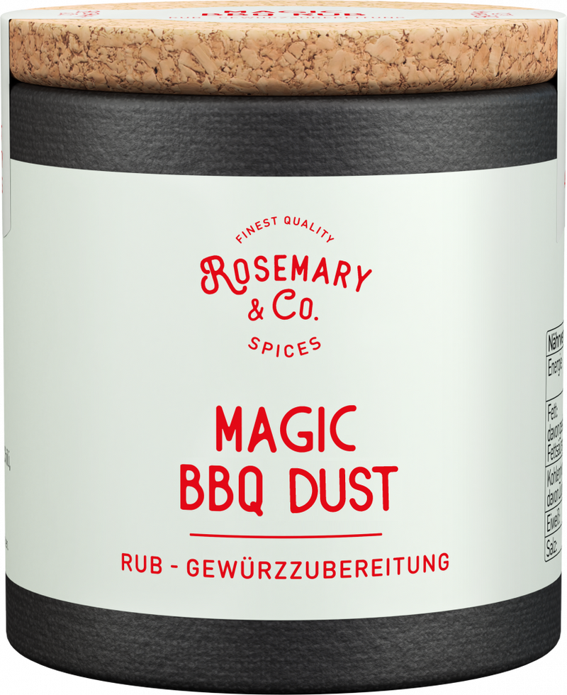 Runde Dose Rosemary & Co. Magic BBQ Dust Gewürzmischung mit Korkdeckel und weißem Etikett1