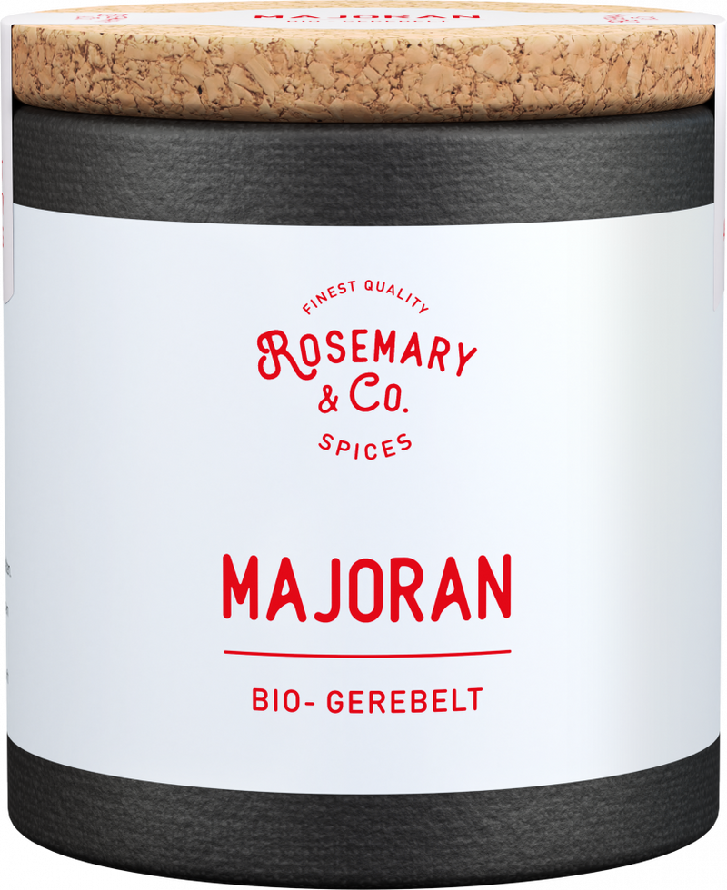 Schwarze und weiße Dose mit Korkdeckel, Aufschrift Bio Majoran, Marke Rosemary & Co1