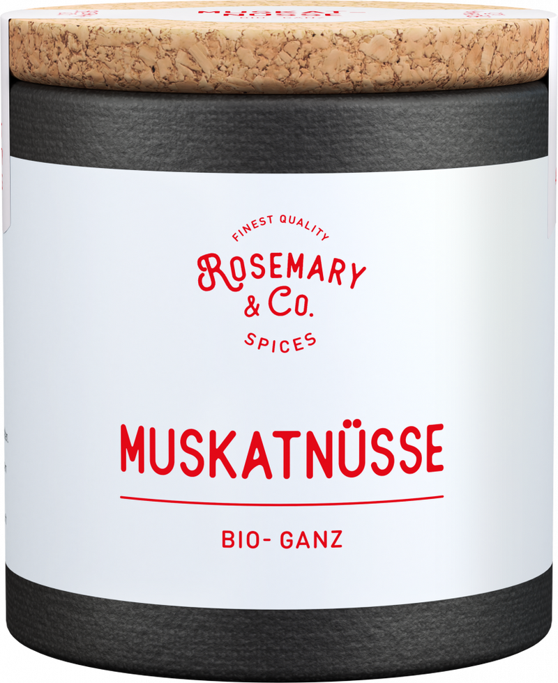 Dose Bio Muskatnüsse von Rosemary & Co Gewürze mit Korkdeckel und weißem Etikett1