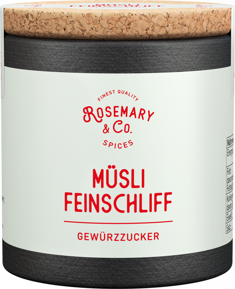 Dosis Rosemary & Co. Gewürze Müsli Feinschliff mit Korkdeckel und weißem Etikett1