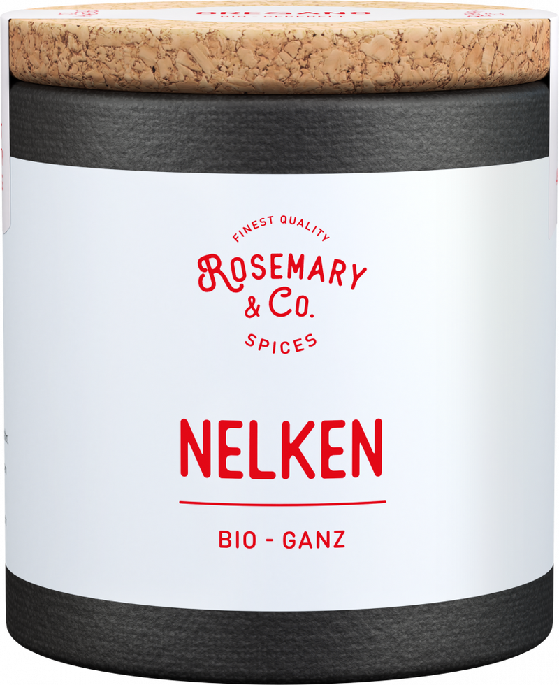 Schwarz-weiße Dose mit Korkdeckel, Aufschrift Rosemary & Co. Gewürze Bio Nelken1
