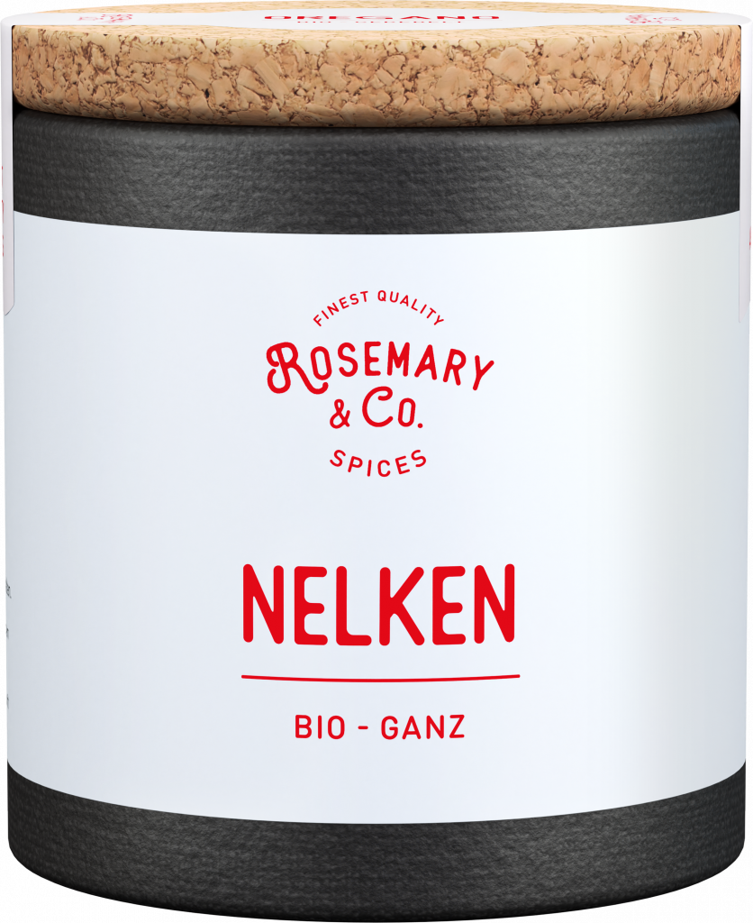 Schwarz-weiße Dose mit Korkdeckel, Aufschrift Rosemary & Co. Gewürze Bio Nelken