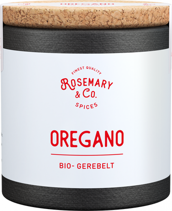 Runde Dose mit Korkdeckel, Aufschrift Rosemary & Co. Gewürze Bio Oregano in roter und schwarzer Schriftall15