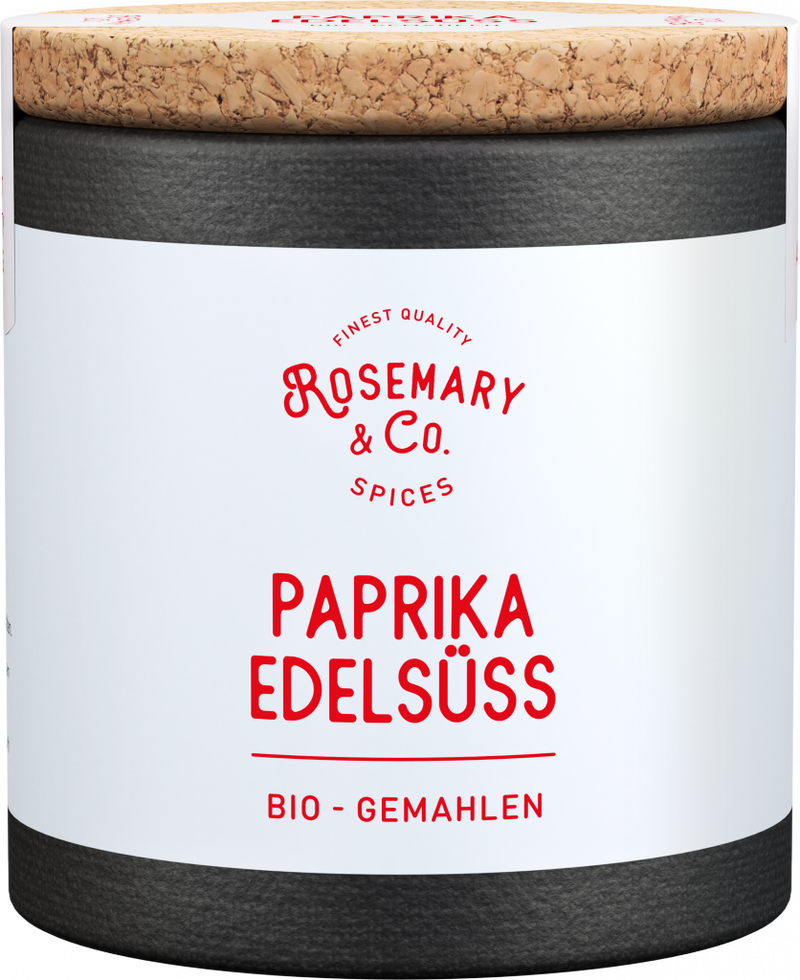 Dose mit Korkdeckel, Etikett Bio Paprika Edelsüß, Rosmarin & Co Gewürze, schwarz-weiß1