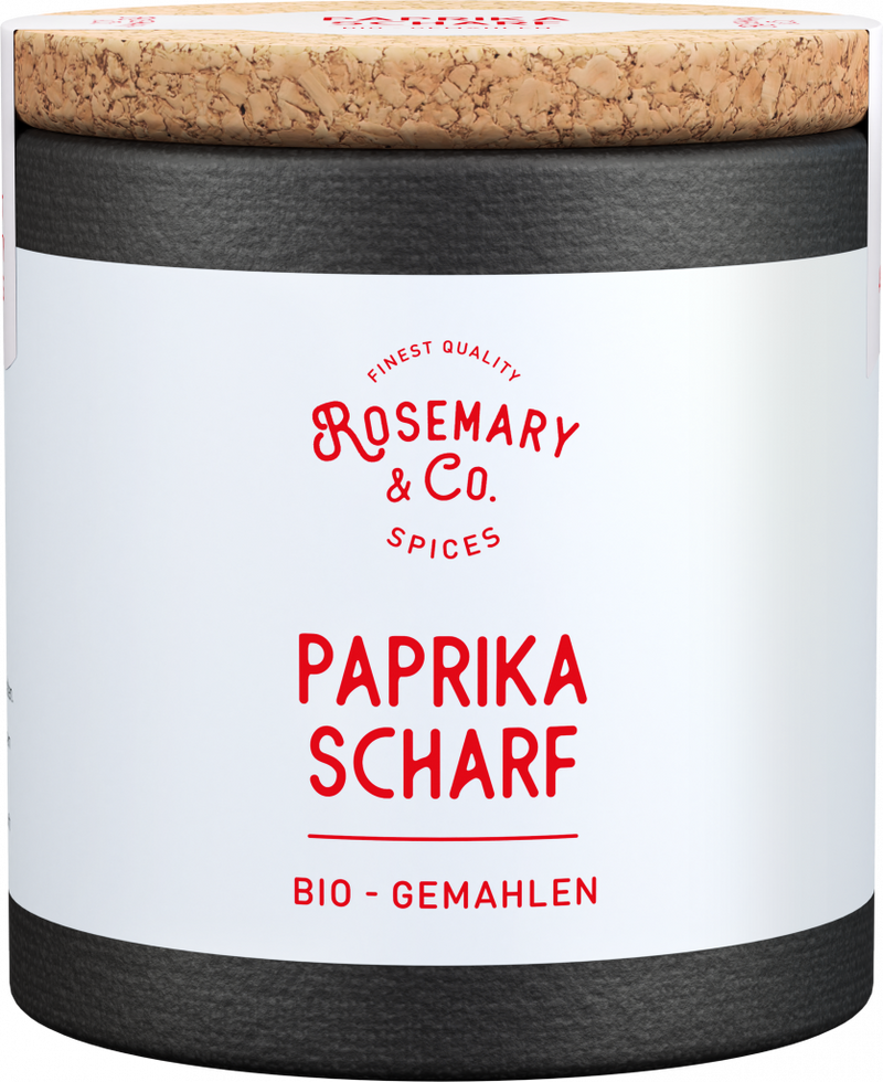 Schwarze und weiße Dose mit Korkdeckel, Aufschrift Bio Paprika Scharf, Marke Rosemary & Co. Gewürze1
