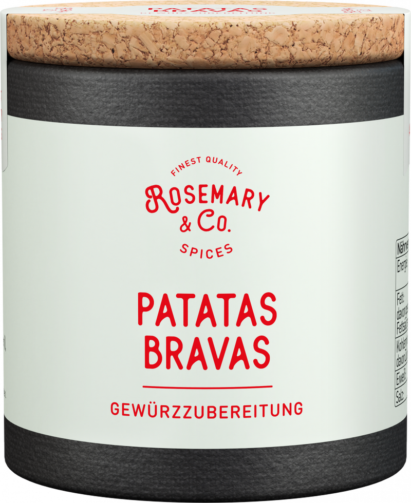 Dose mit Korkdeckel, Aufschrift Rosemary & Co. Gewürze Patatas Bravas, schwarz-weiß1