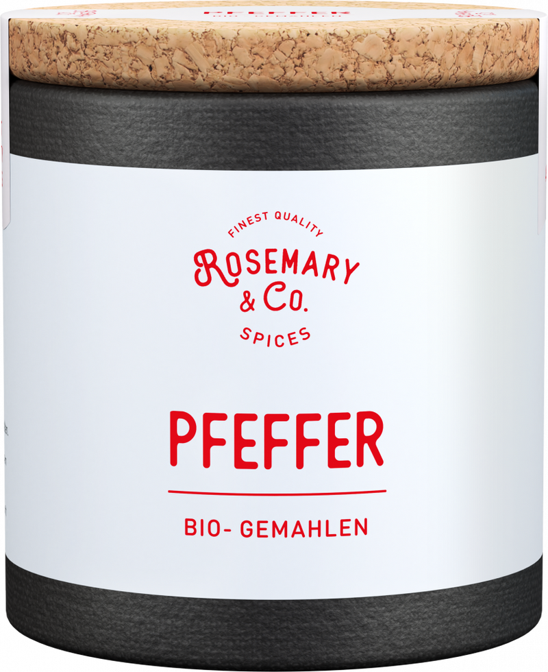 Dose mit Korkdeckel, Aufschrift Rosemary & Co. Gewürze Bio Pfeffer, weißer Hintergrund1