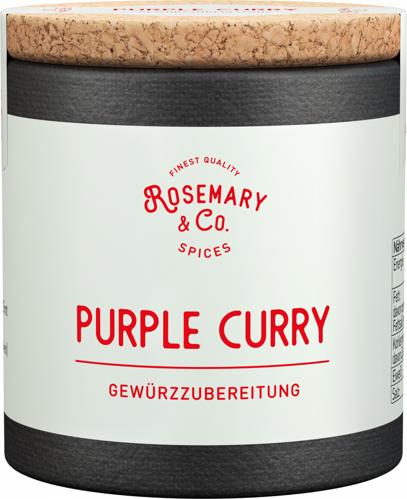 Dose mit Aufschrift Rosemary & Co. Gewürze Purple Curry, Korkdeckel