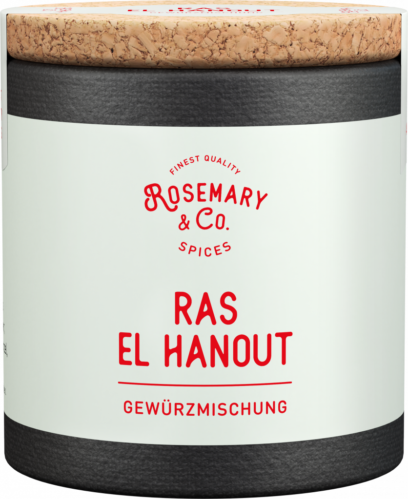 Dose mit Aufschrift Rosemary & Co. Gewürze Ras el Hanout und Korkdeckel